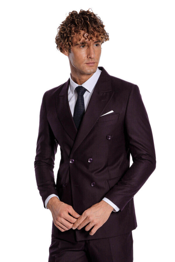 WSS Double Breasted Plain Wide Lapel Purple Men Suit  - Varash