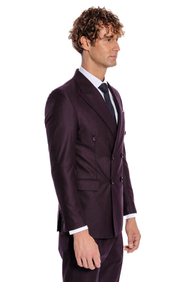 WSS Double Breasted Plain Wide Lapel Purple Men Suit  - Varash