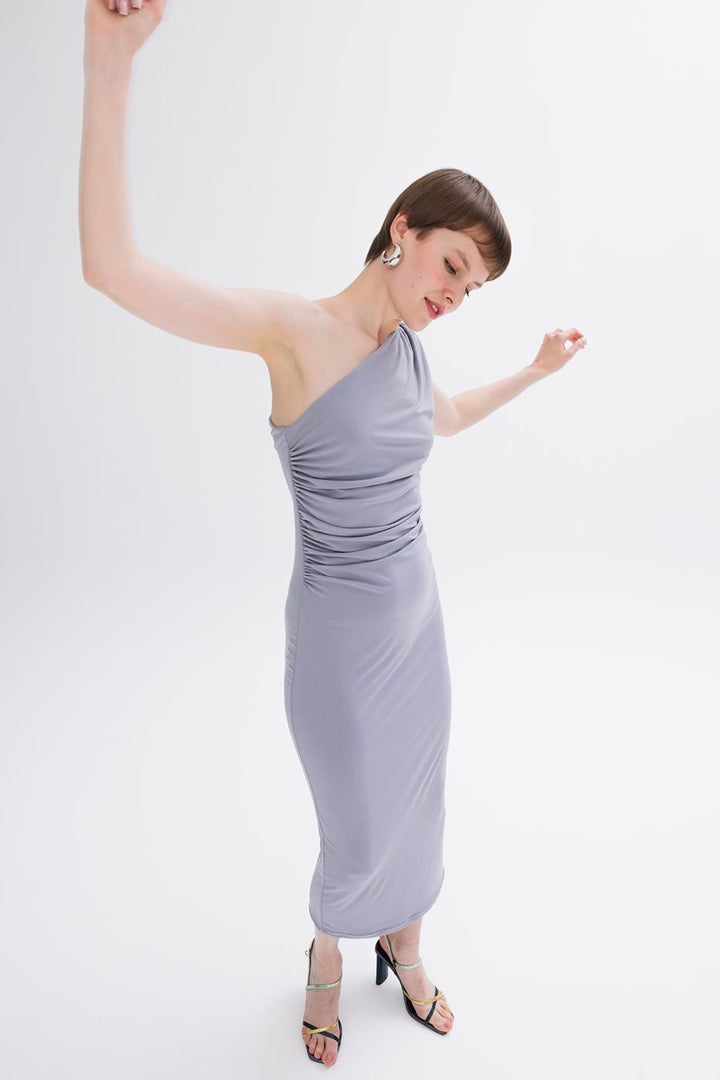 BSL Women Draped One-Shoulder Detailed Midi Dress - Sambir