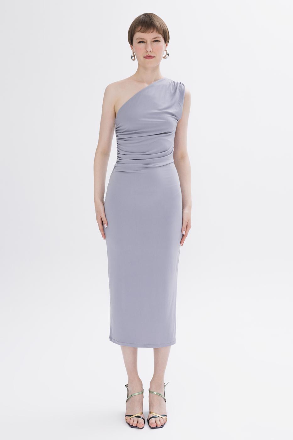 BSL Women Draped One-Shoulder Detailed Midi Dress - Sambir