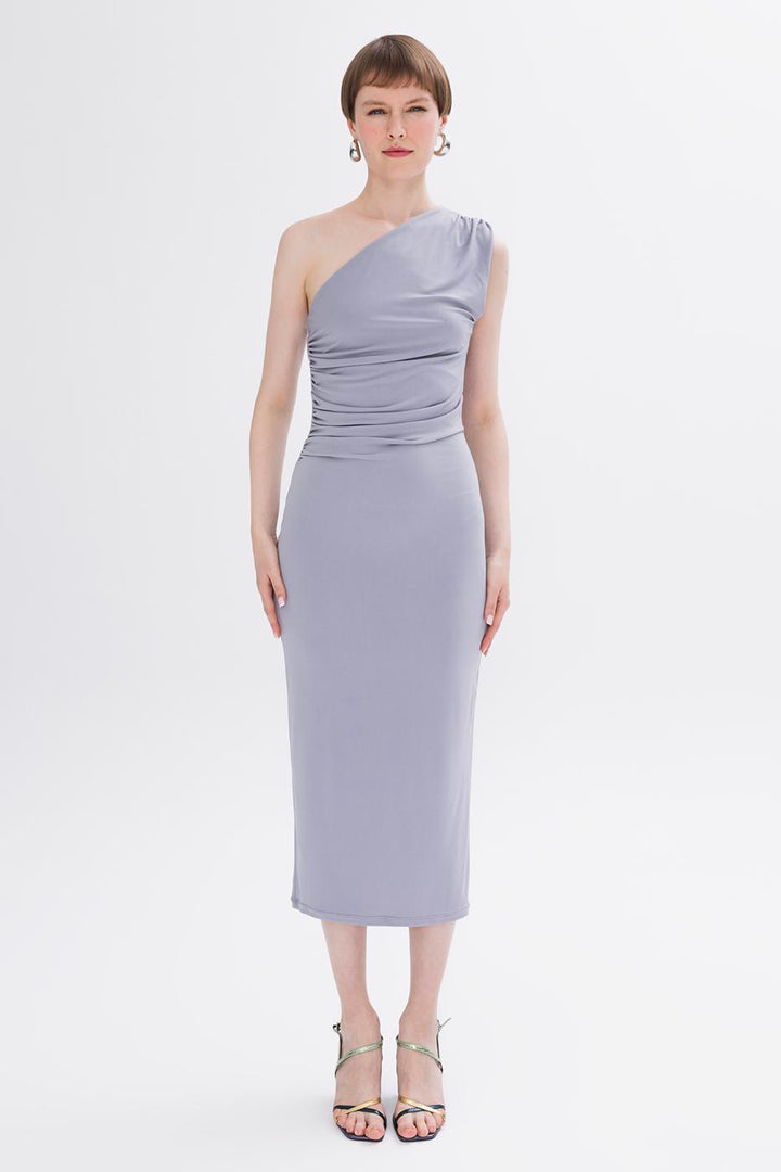 BSL Women Draped One-Shoulder Detailed Midi Dress - Sambir