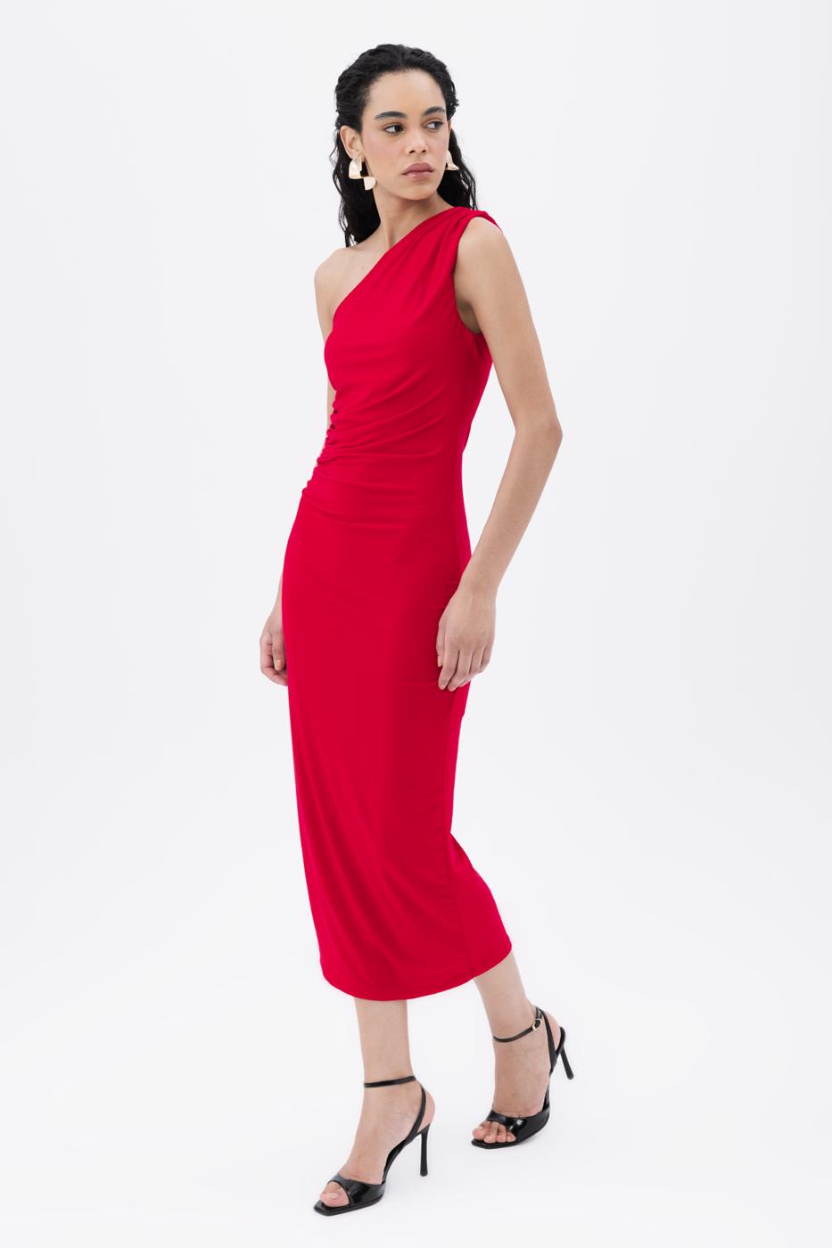 BSL Women Draped One-Shoulder Detailed Midi Dress - Cava de’ Tirreni