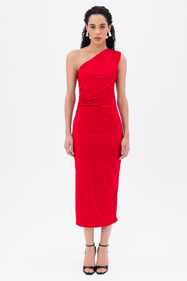 BSL Women Draped One-Shoulder Detailed Midi Dress - Cava de’ Tirreni