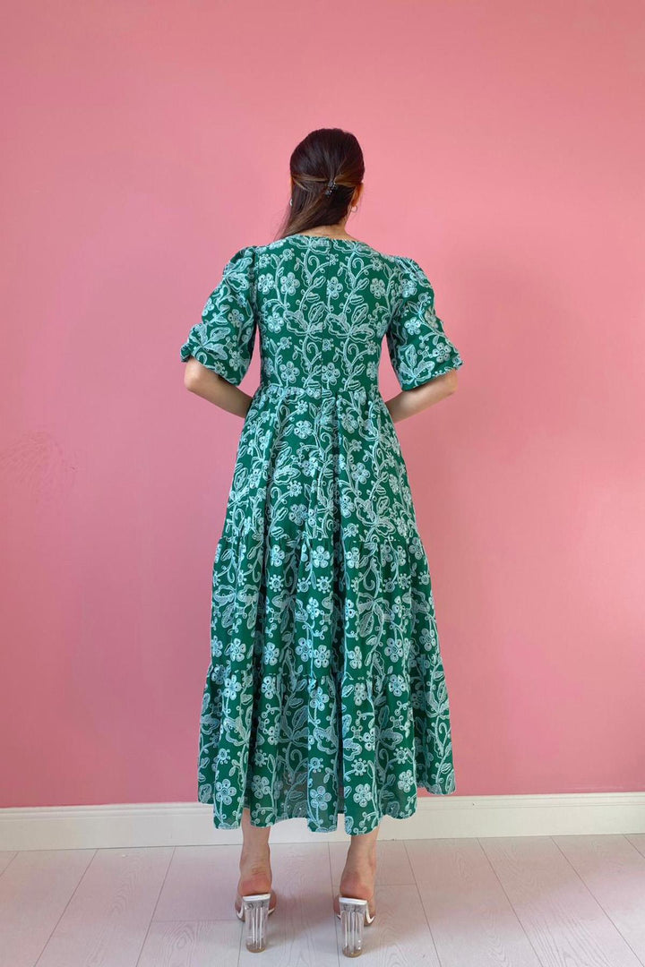 ELS Buttoned Embroidered Dress - Green - Kyiv
