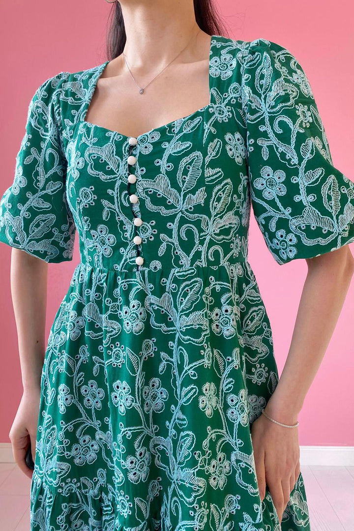 ELS Buttoned Embroidered Dress - Green - Kyiv