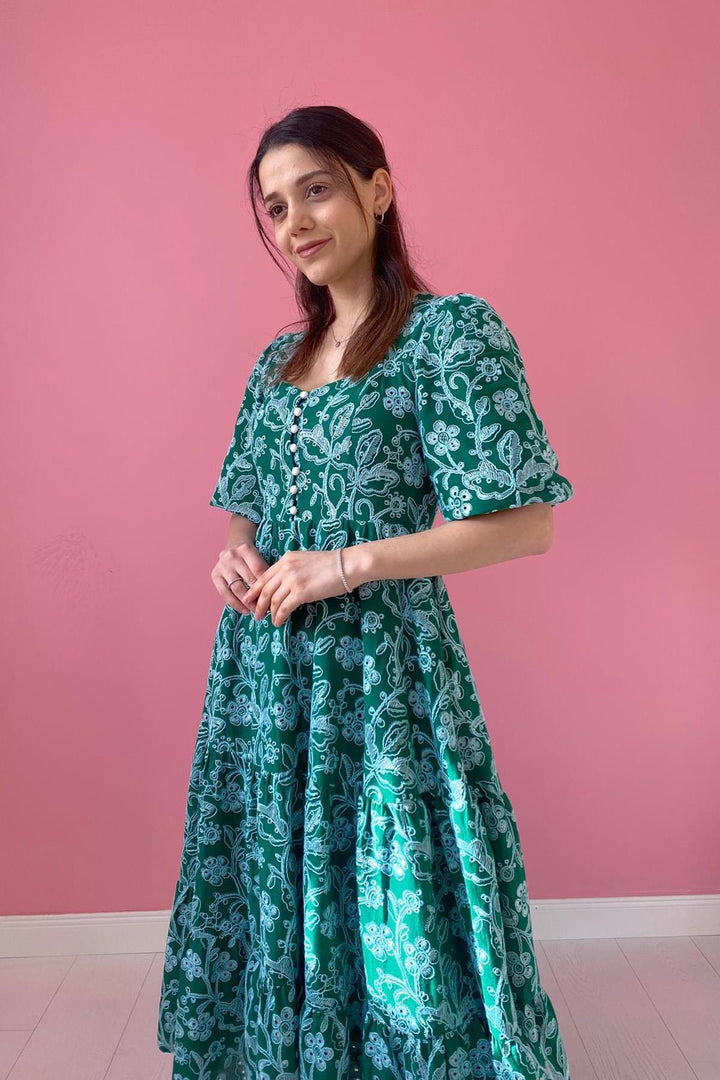 ELS Buttoned Embroidered Dress - Green - Kyiv