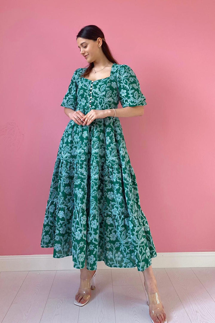 ELS Buttoned Embroidered Dress - Green - Kyiv