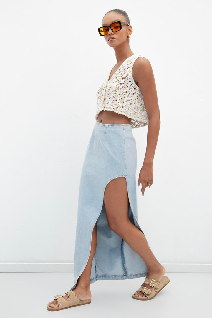 BSL Women Low Waist Deep Slit Maxi Denim Skirt - Celle