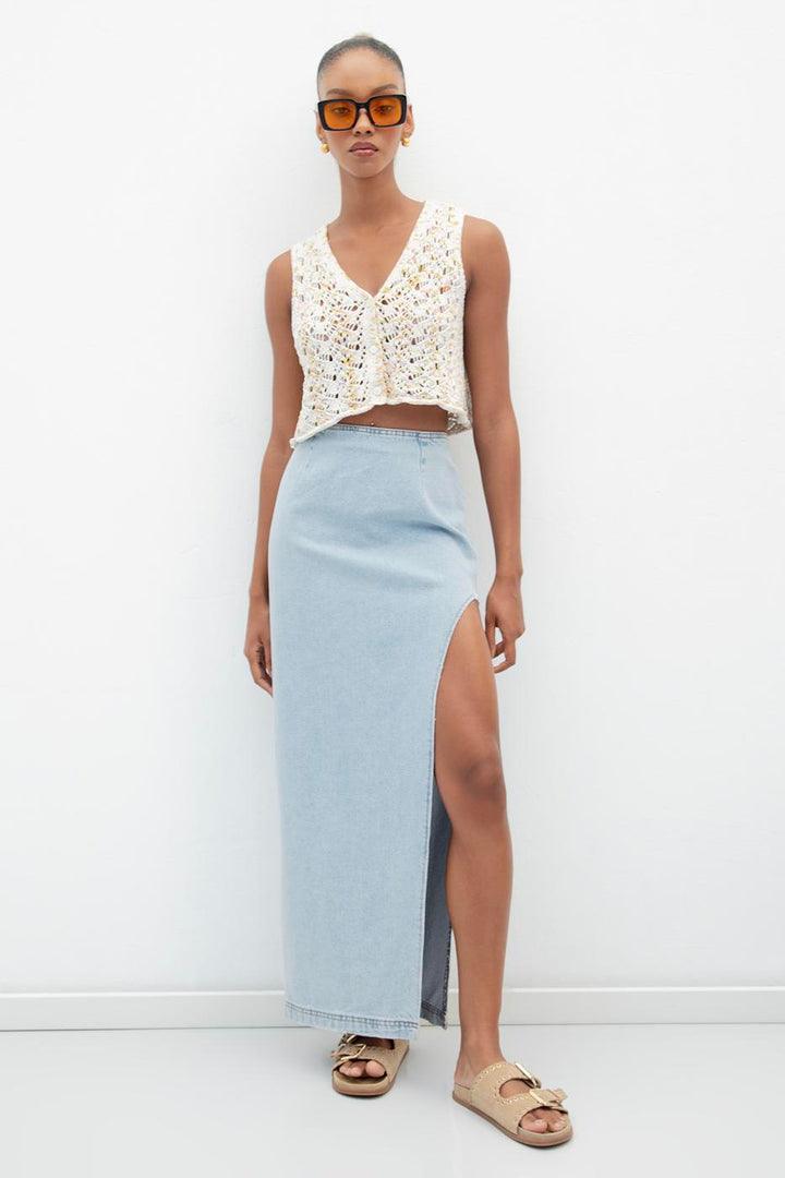 BSL Women Low Waist Deep Slit Maxi Denim Skirt - Celle