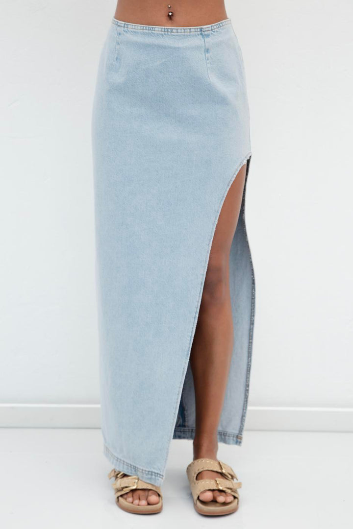 BSL Women Low Waist Deep Slit Maxi Denim Skirt - Celle