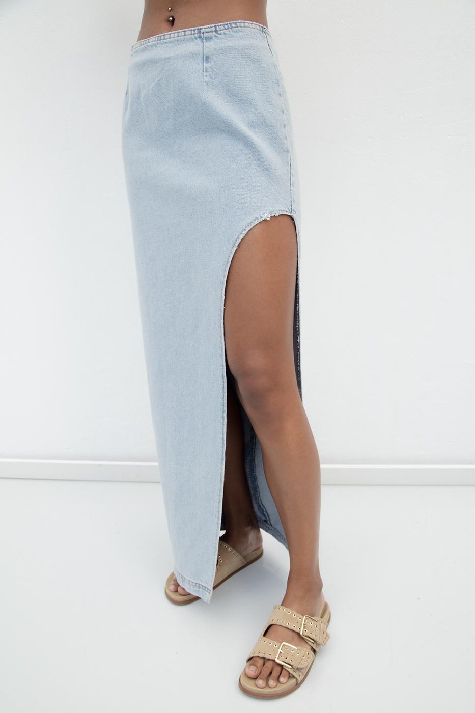 BSL Women Low Waist Deep Slit Maxi Denim Skirt - Celle
