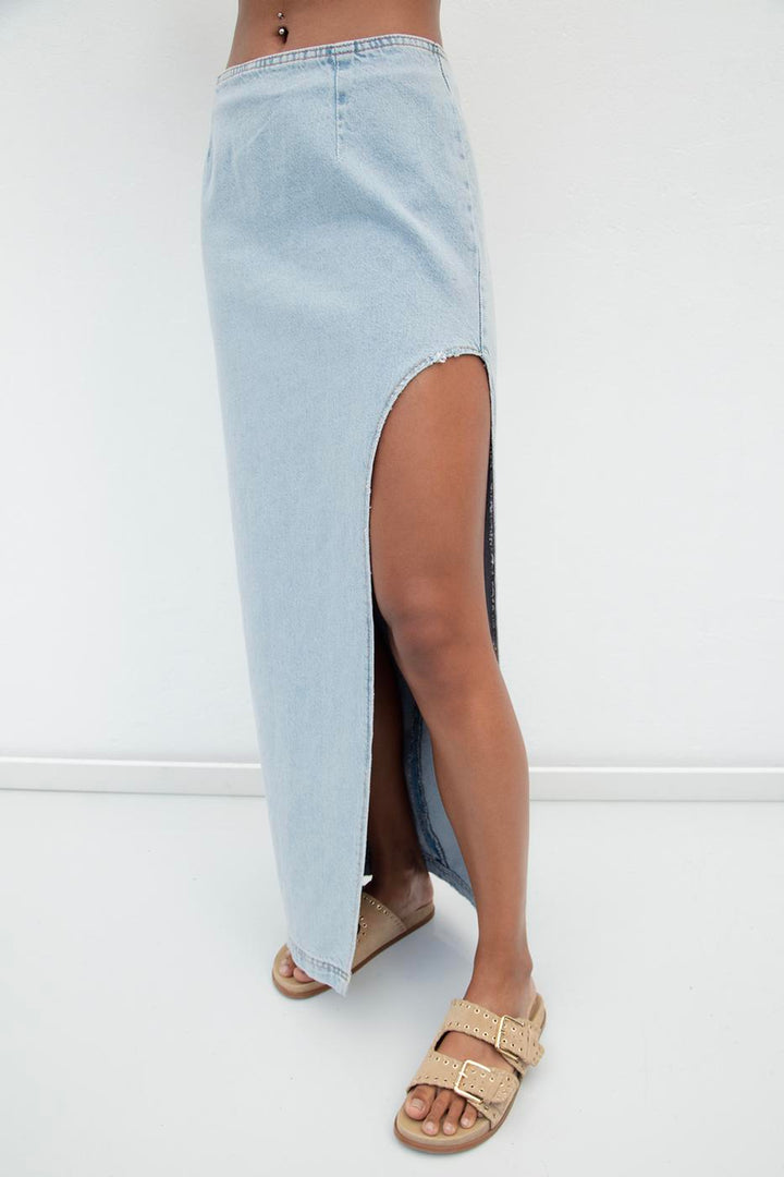 BSL Women Low Waist Deep Slit Maxi Denim Skirt - Celle