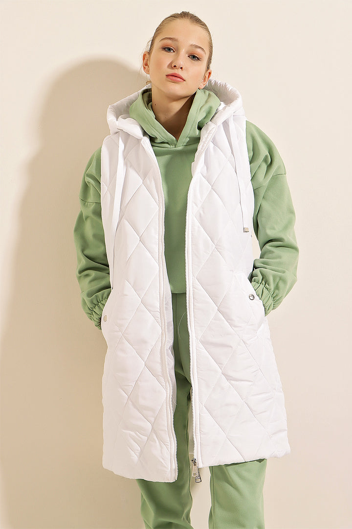 BGD Women Hooded Long Puffer Vest - White - Ingolstadt