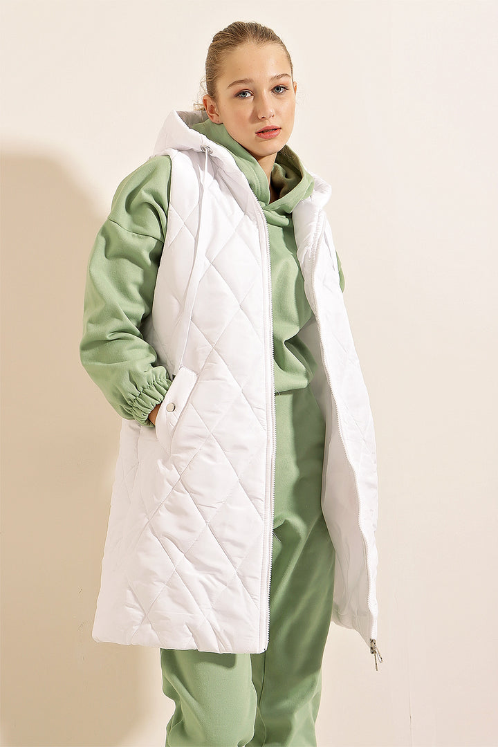BGD Women Hooded Long Puffer Vest - White - Ingolstadt