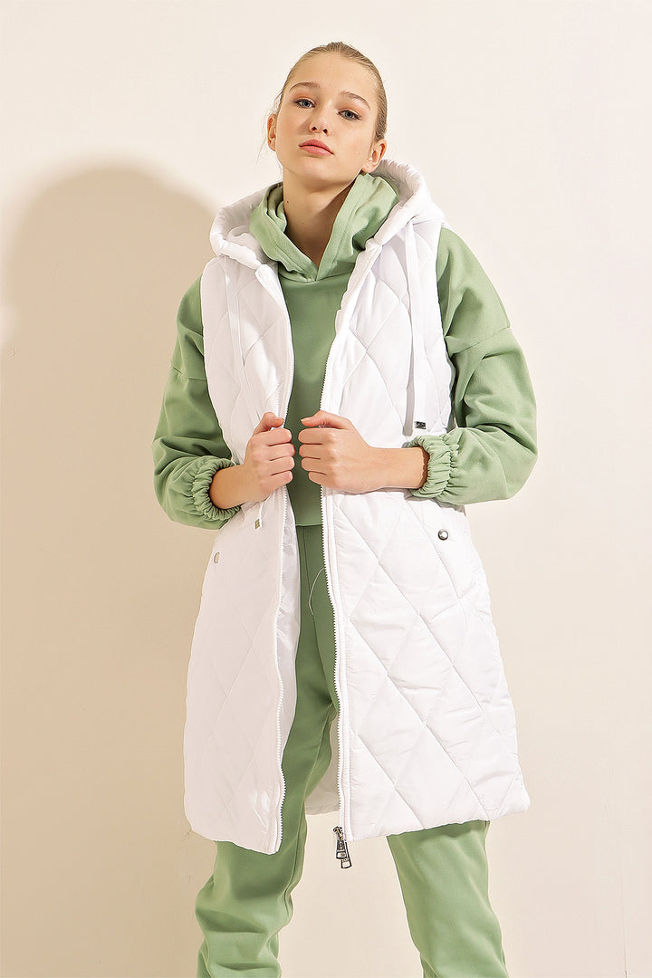 BGD Women Hooded Long Puffer Vest - White - Ingolstadt
