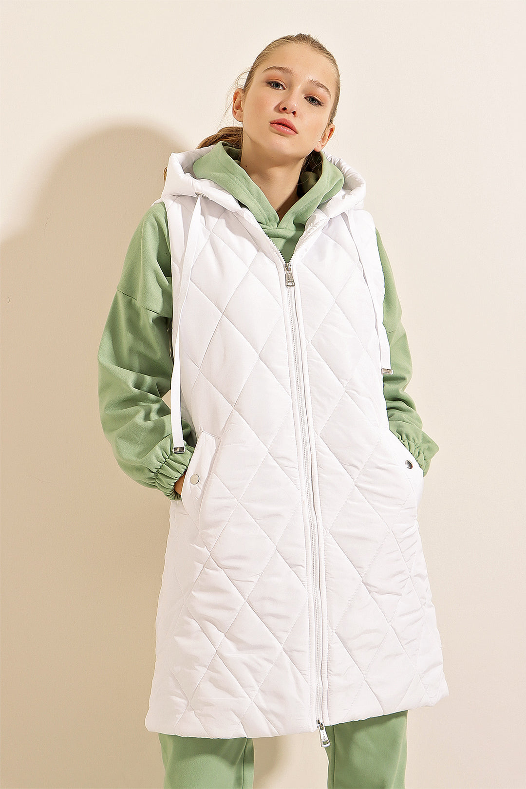 BGD Women Hooded Long Puffer Vest - White - Ingolstadt