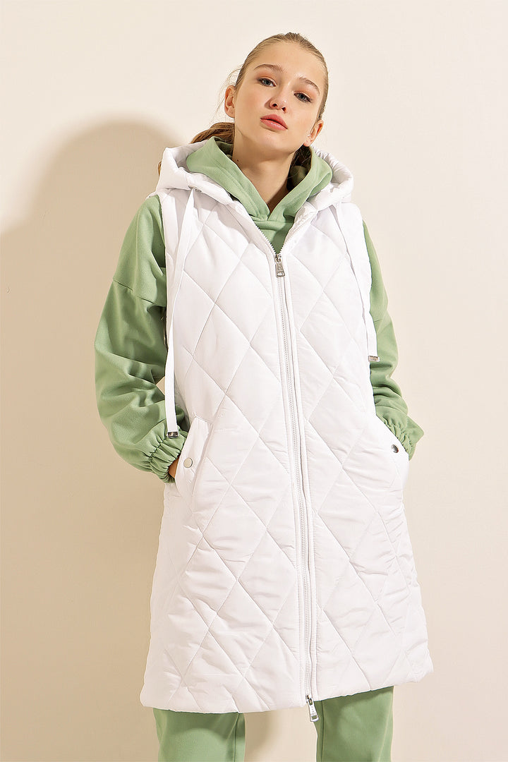 BGD Women Hooded Long Puffer Vest - White - Ingolstadt