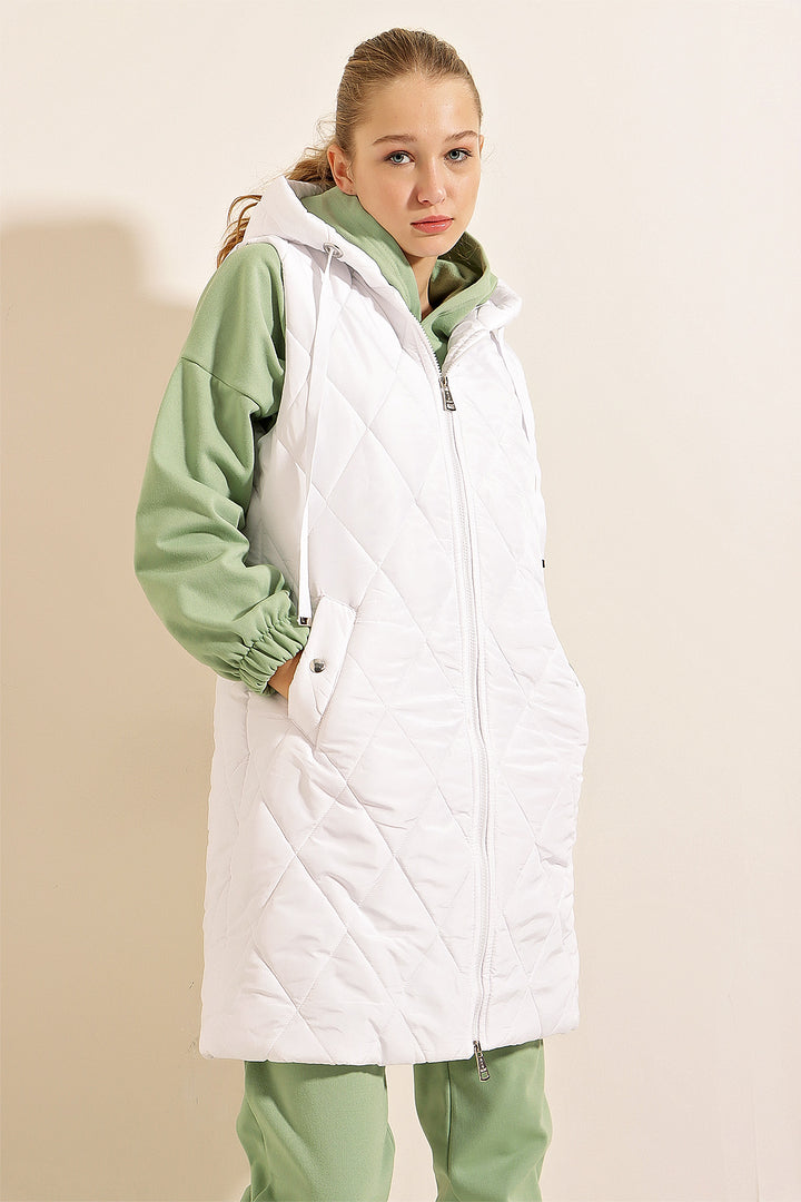 BGD Women Hooded Long Puffer Vest - White - Ingolstadt