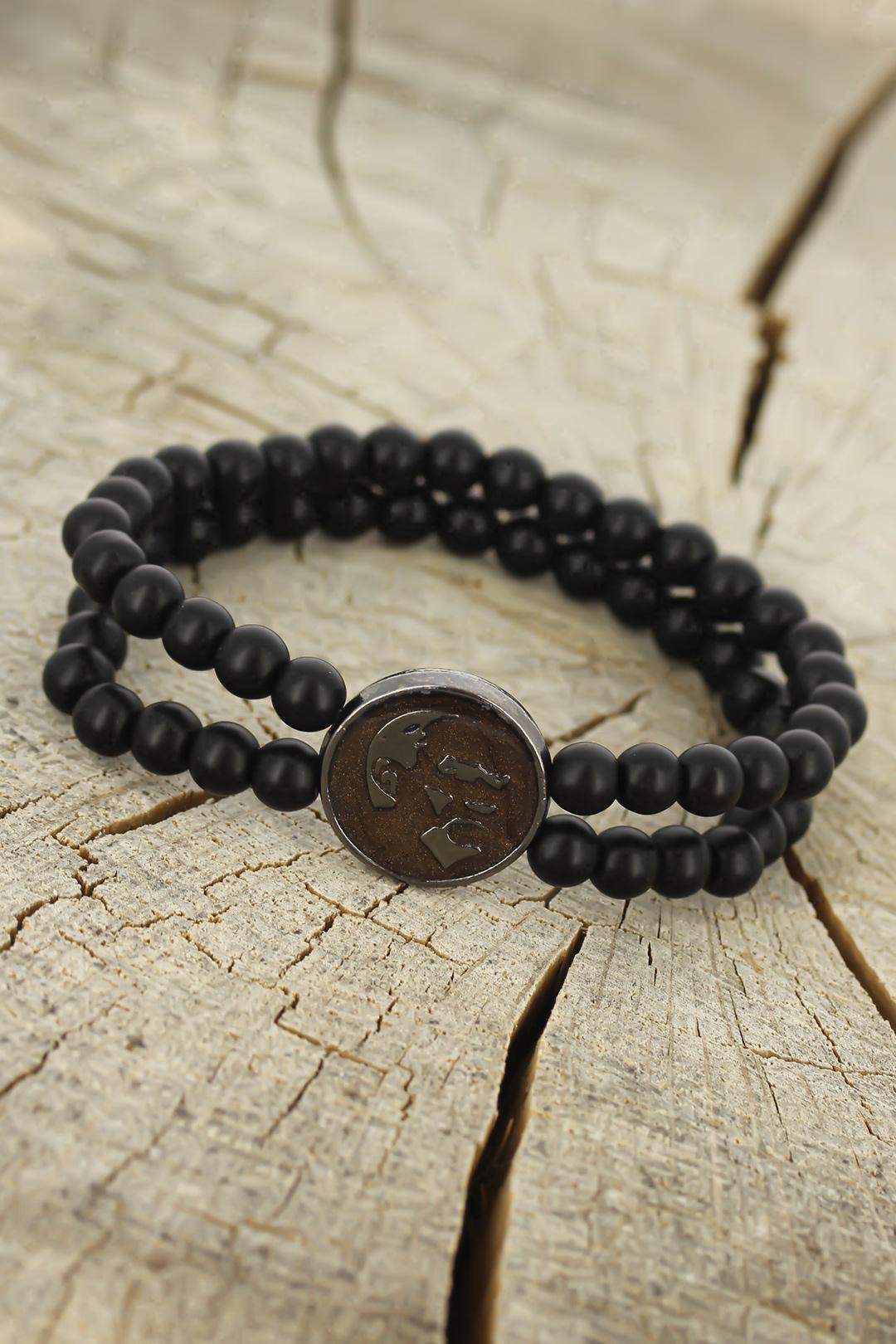 EBJ Brown Smoke Color Metal Atatürk Portrait Designed Black Color Matte Onyx Natural Stone Men's Bracelet - Târgovişte