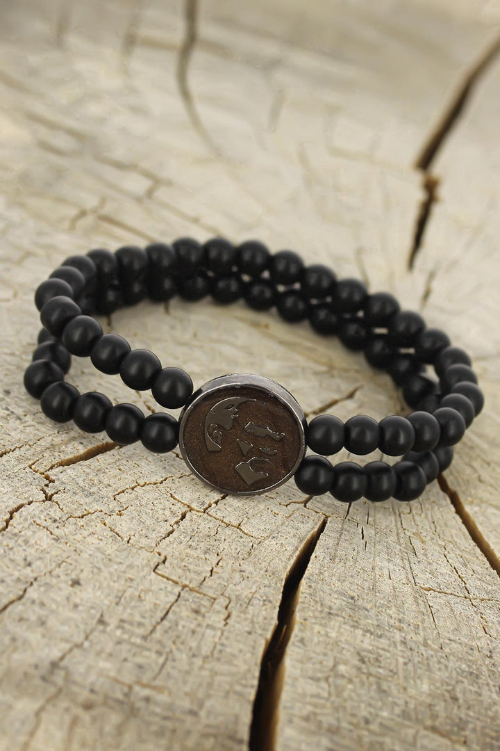 EBJ Brown Smoke Color Metal Atatürk Portrait Designed Black Color Matte Onyx Natural Stone Men's Bracelet - Târgovişte