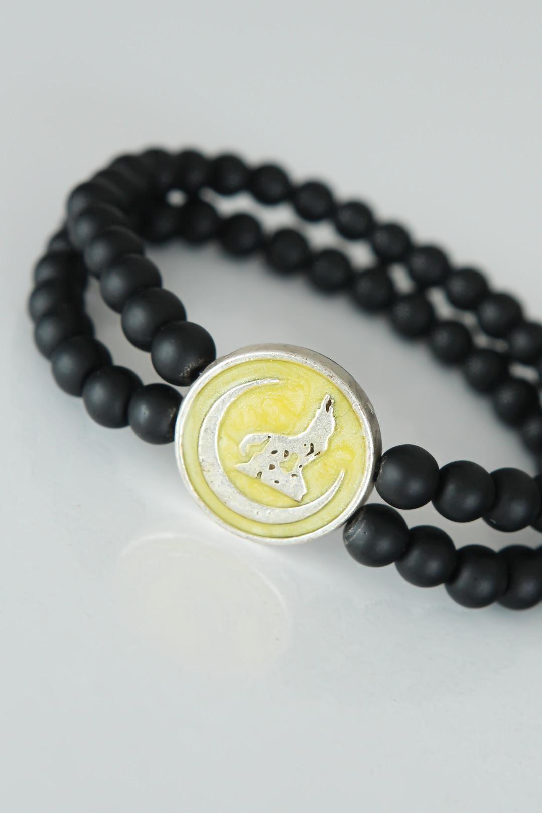 EBJ Men's Bracelet with Double Row Onyx Natural Stone with Silver Metal Accessories in Yellow Color with Wolf Figure - West Palm Beach