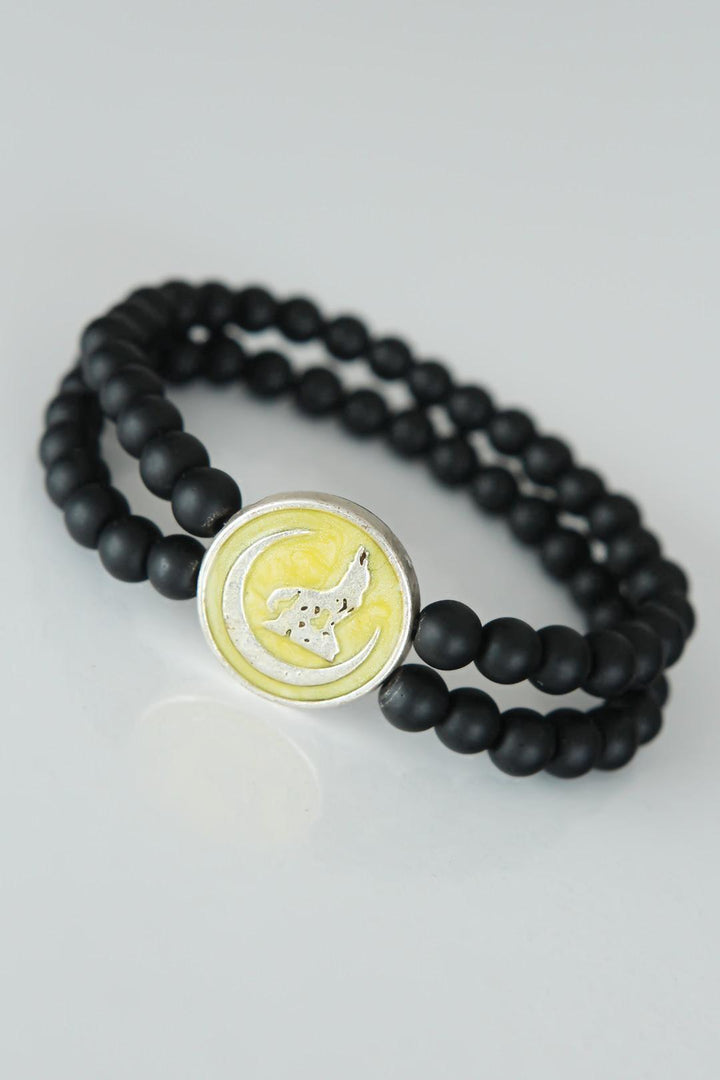 EBJ Men's Bracelet with Double Row Onyx Natural Stone with Silver Metal Accessories in Yellow Color with Wolf Figure - West Palm Beach