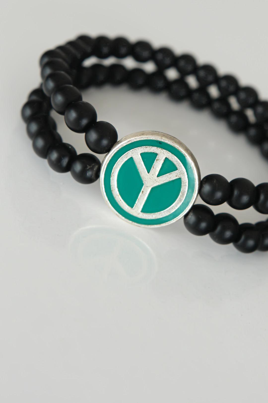 EBJ Peace Symbol Green Color Silver Metal Accented Double Row Onyx Natural Stone Men's Bracelet - La Crosse