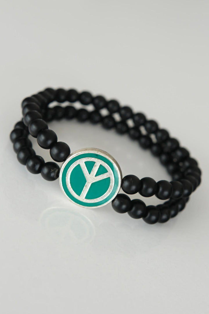 EBJ Peace Symbol Green Color Silver Metal Accented Double Row Onyx Natural Stone Men's Bracelet - La Crosse