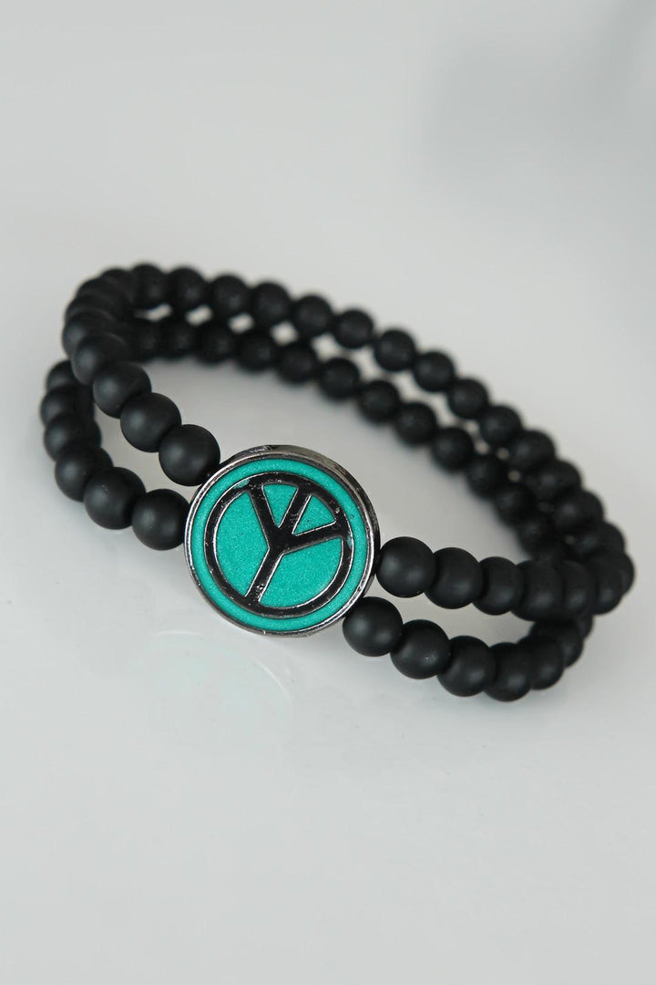 EBJ Peace Symbol Green Color Smoke Metal Accented Double Row Onyx Natural Stone Men's Bracelet - Adeje