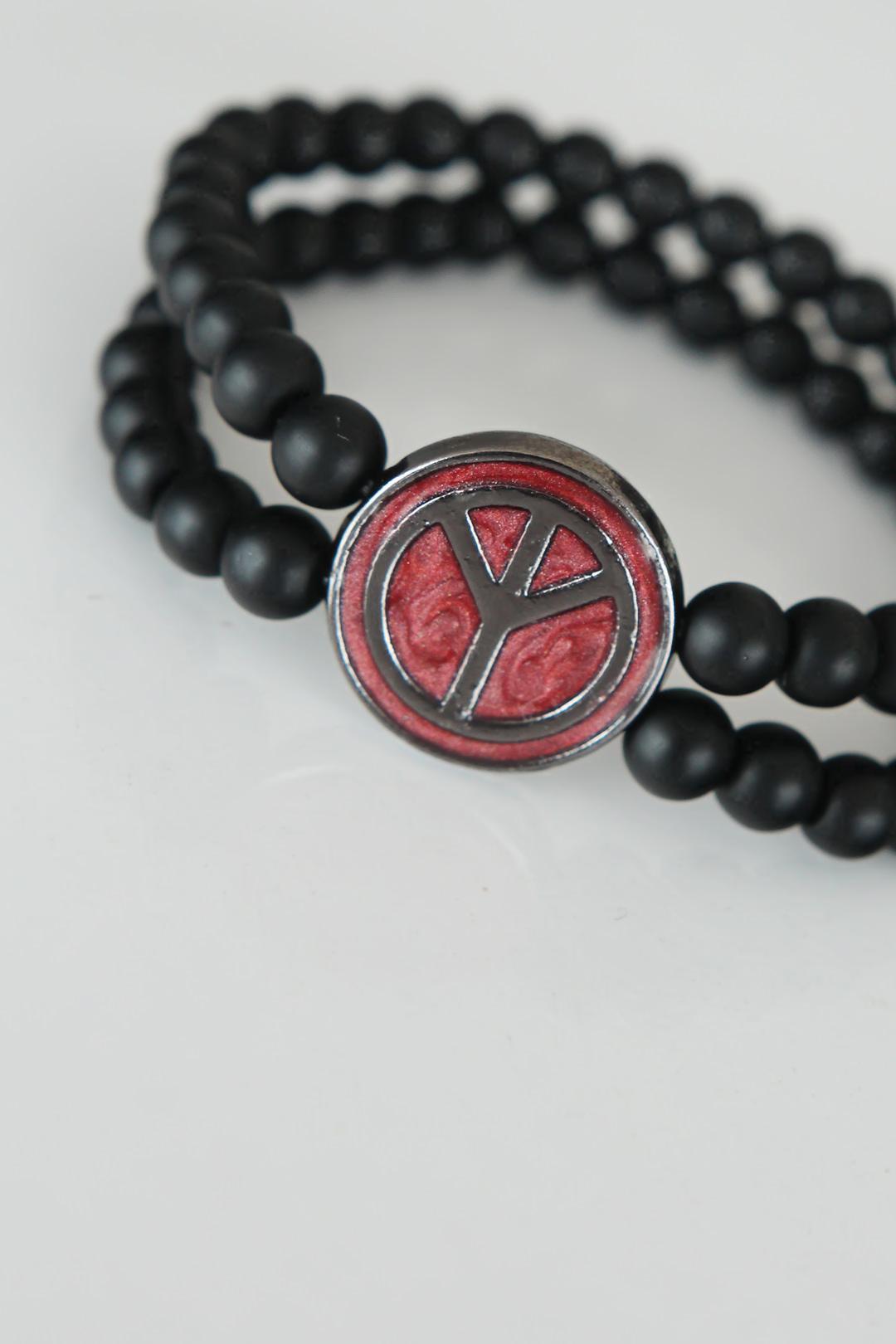 EBJ Peace Symbol Burgundy Color Smoke Metal Accessorized Double Row Onyx Natural Stone Men's Bracelet - Flint