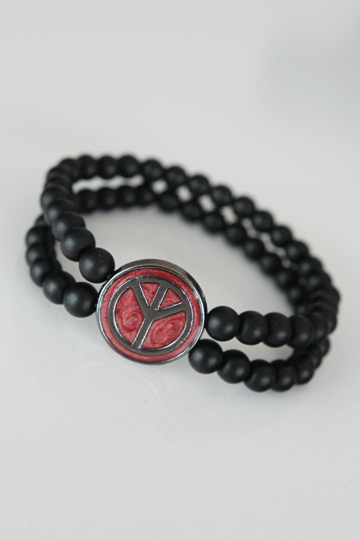 EBJ Peace Symbol Burgundy Color Smoke Metal Accessorized Double Row Onyx Natural Stone Men's Bracelet - Flint