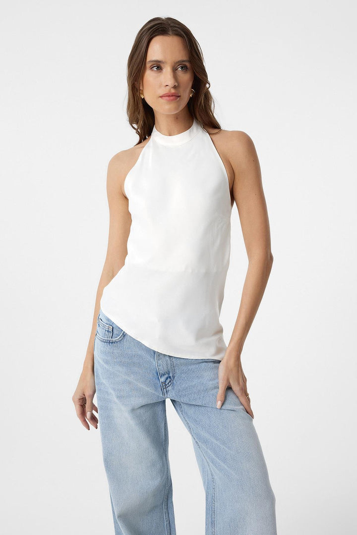 ANT Antioch Ecru Asymmetric Satin Backless Women's Top - Madera