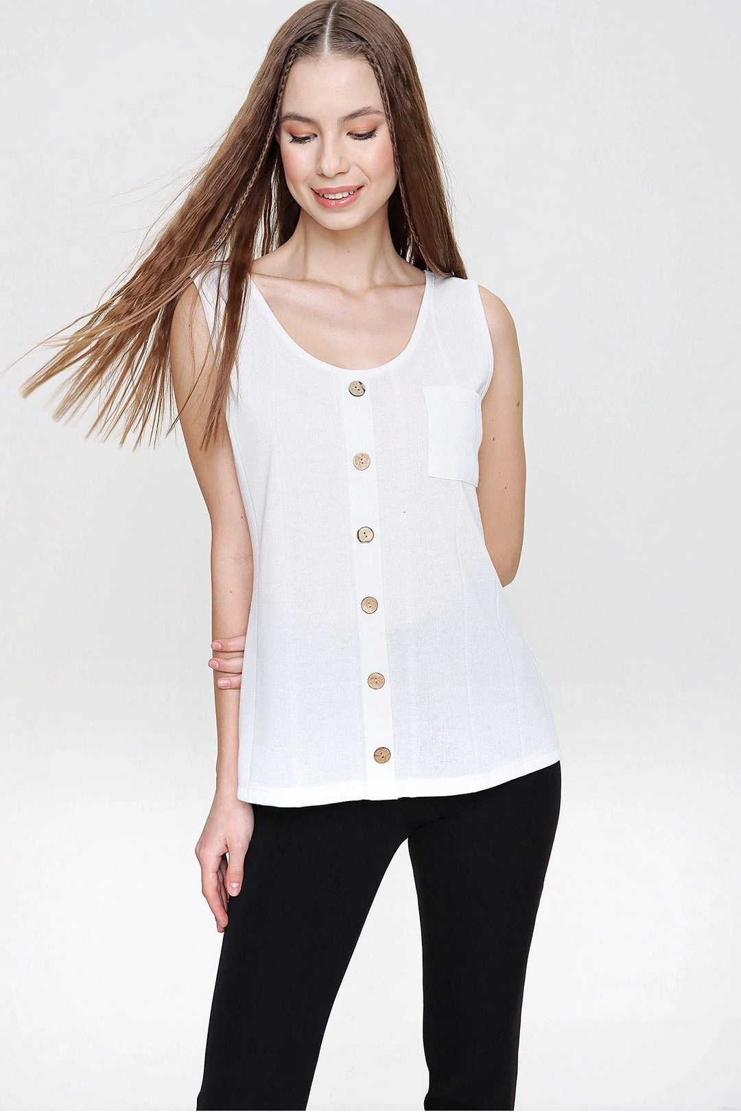 Ecru Sleeveless Buttoned Thin Knit Sweater Blouse BCBSK-25700-3134 - Antibes