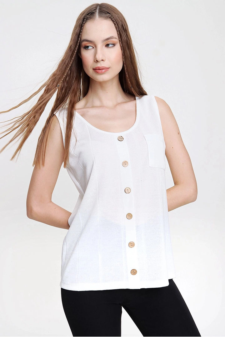 Ecru Sleeveless Buttoned Thin Knit Sweater Blouse BCBSK-25700-3134 - Antibes