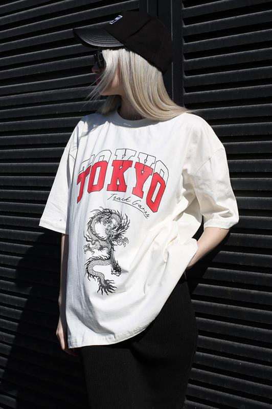 MDX Ecru Printed Bicycle Neck Women's T-Shirt MG1771 - Long Beach