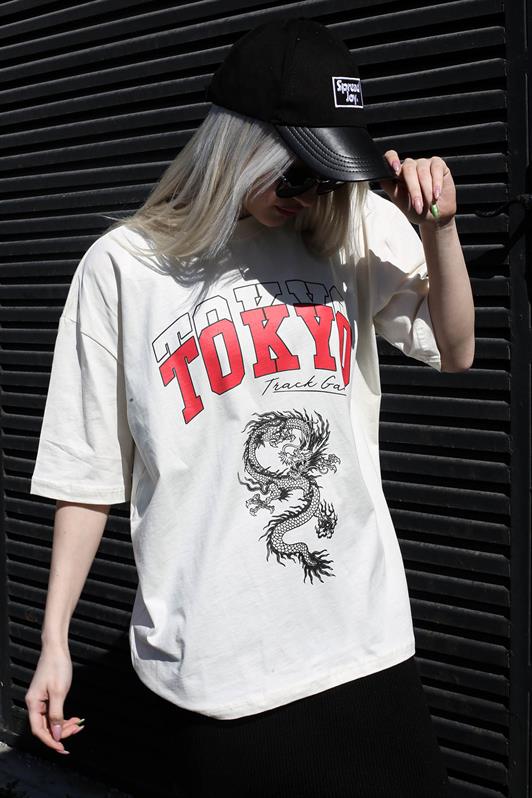 MDX Ecru Printed Bicycle Neck Women's T-Shirt MG1771 - Long Beach