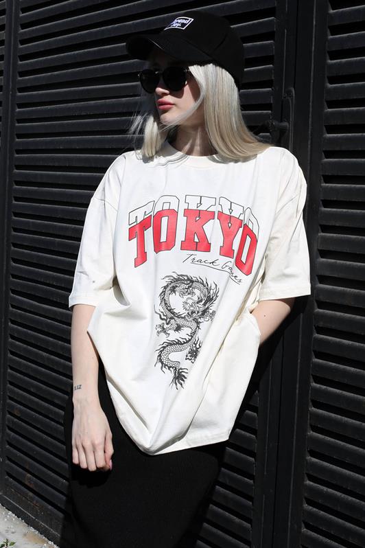 MDX Ecru Printed Bicycle Neck Women's T-Shirt MG1771 - Long Beach
