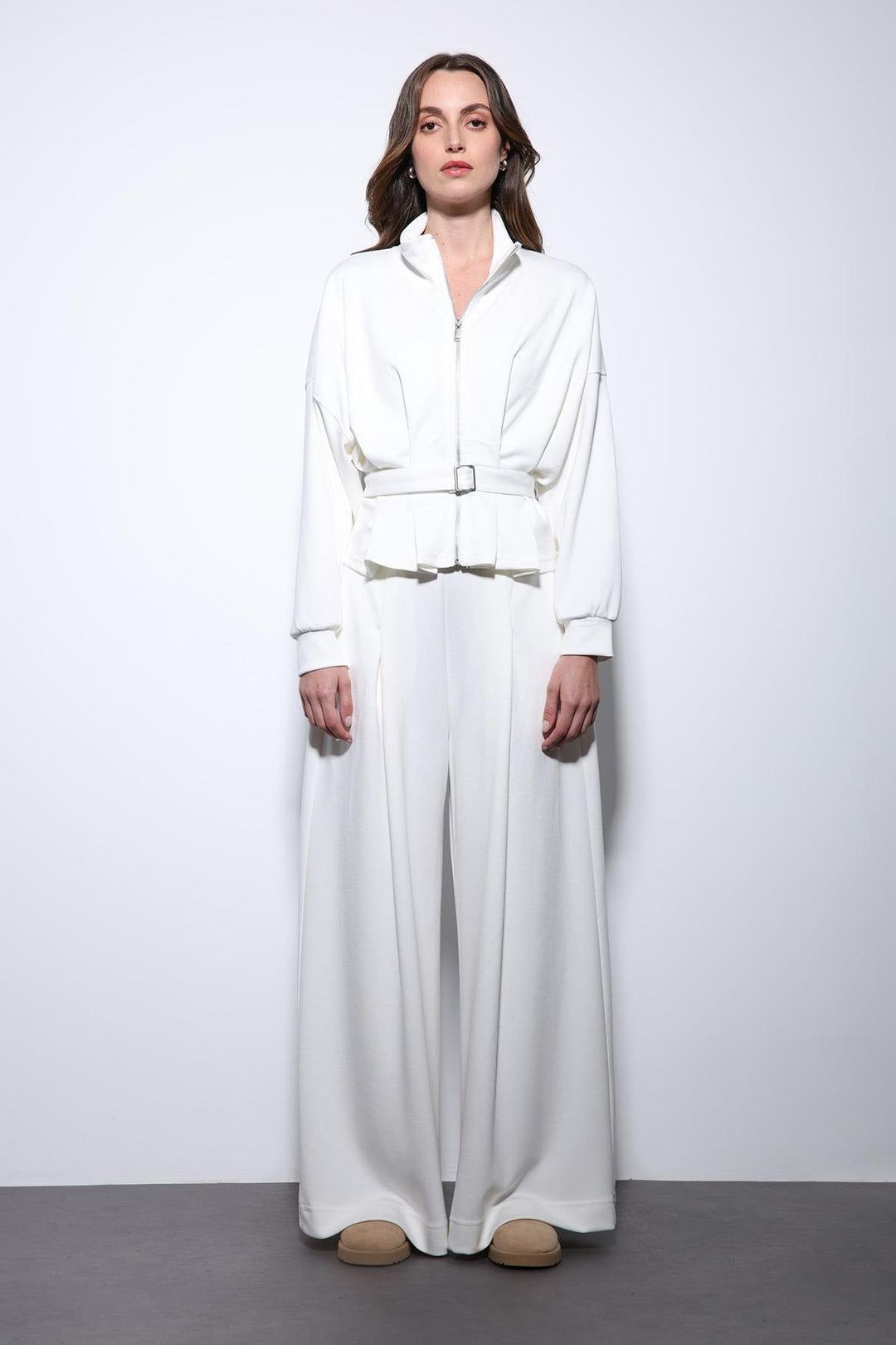ANT Antioch Ecru Crop Top Wide Leg Pants Suit - Penafiel