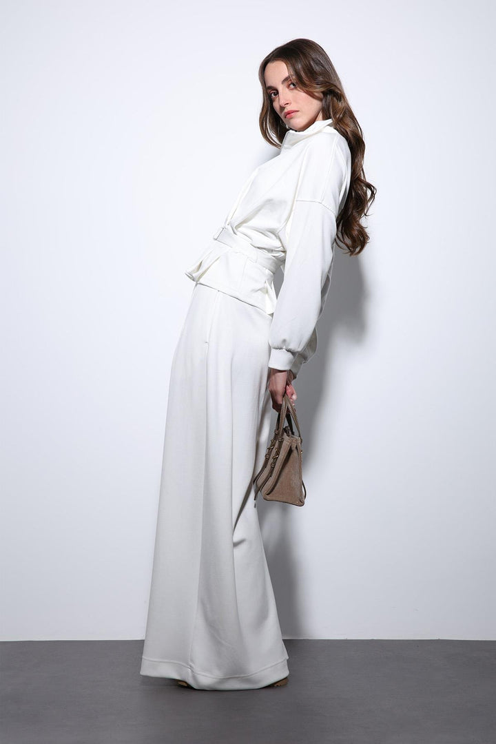 ANT Antioch Ecru Crop Top Wide Leg Pants Suit - Penafiel