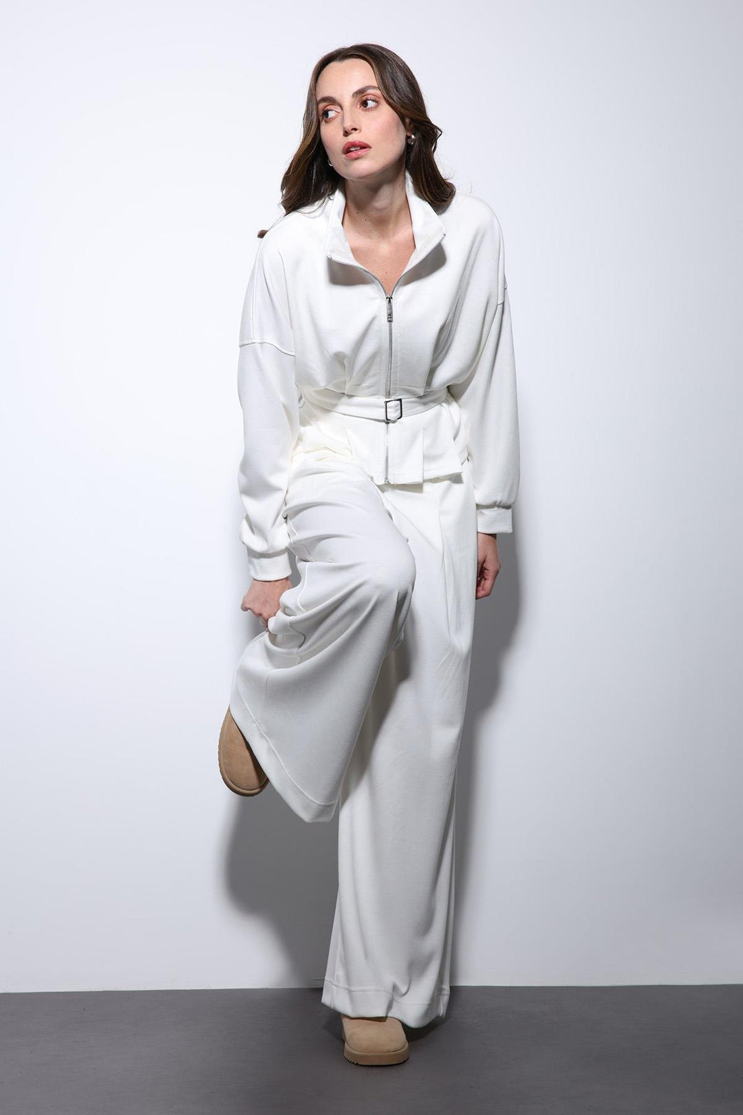 ANT Antioch Ecru Crop Top Wide Leg Pants Suit - Penafiel