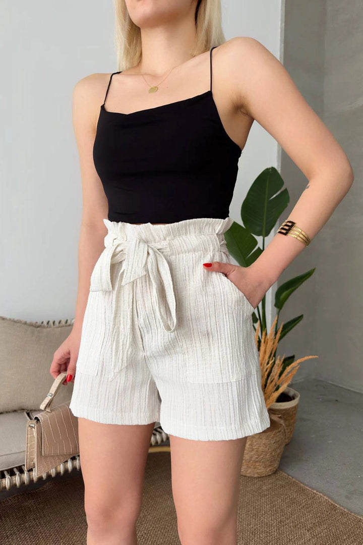 Ecru Belted Ruffled Waistband Detailed Elastic Shorts BCHN-2525265 - Aalen