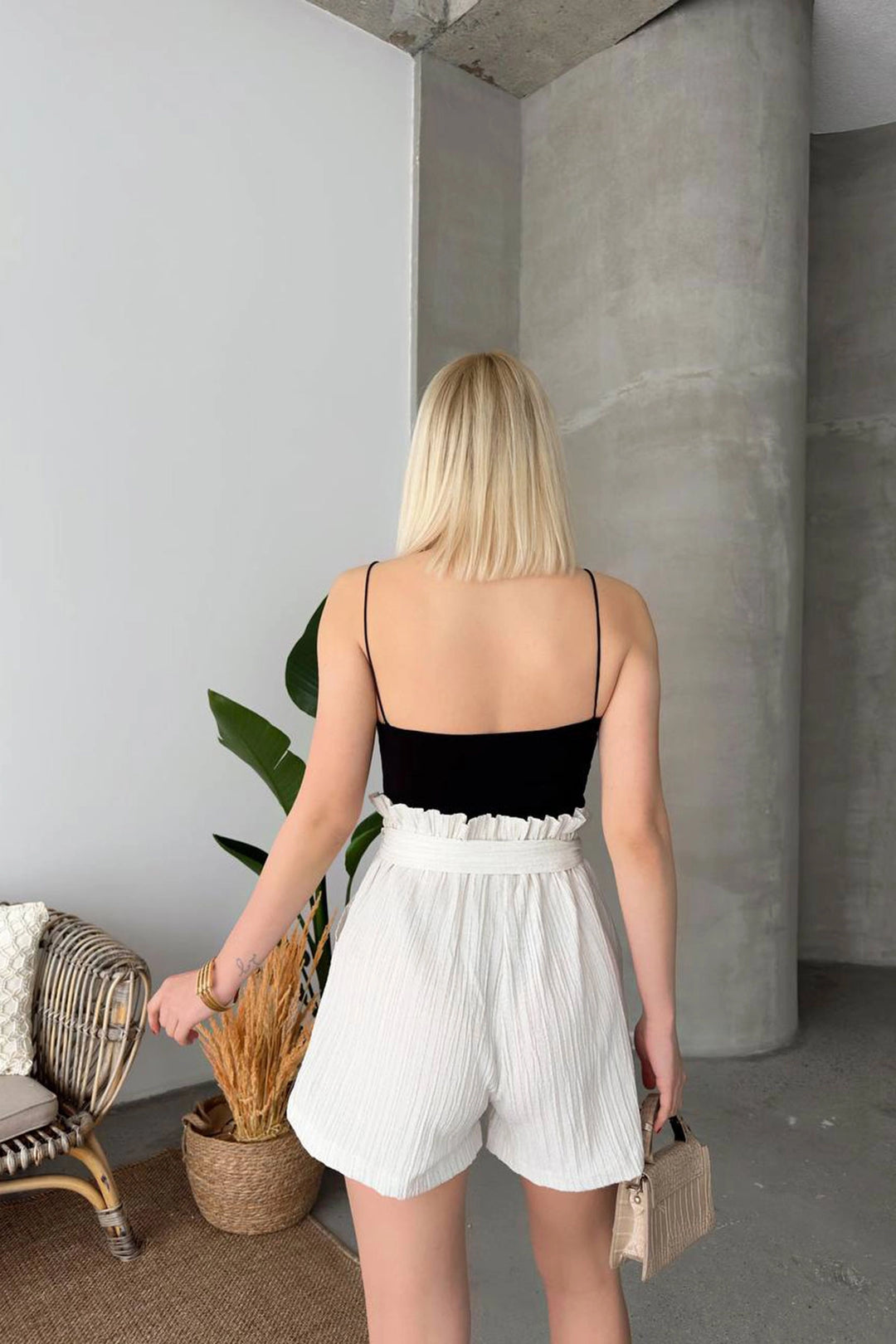 Ecru Belted Ruffled Waistband Detailed Elastic Shorts BCHN-2525265 - Aalen