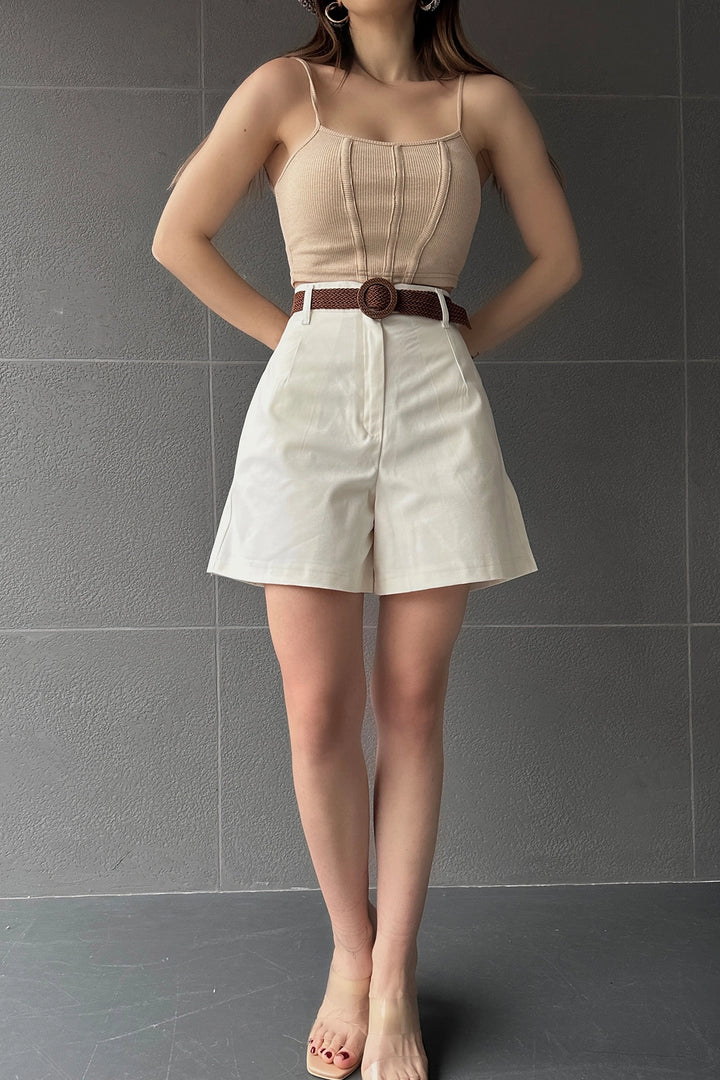 Ecru High Waisted Wide Leg Mom Shorts BCDF-233305 - Villepinte