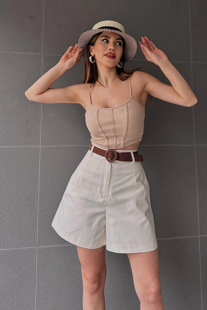 Ecru High Waisted Wide Leg Mom Shorts BCDF-233305 - Villepinte