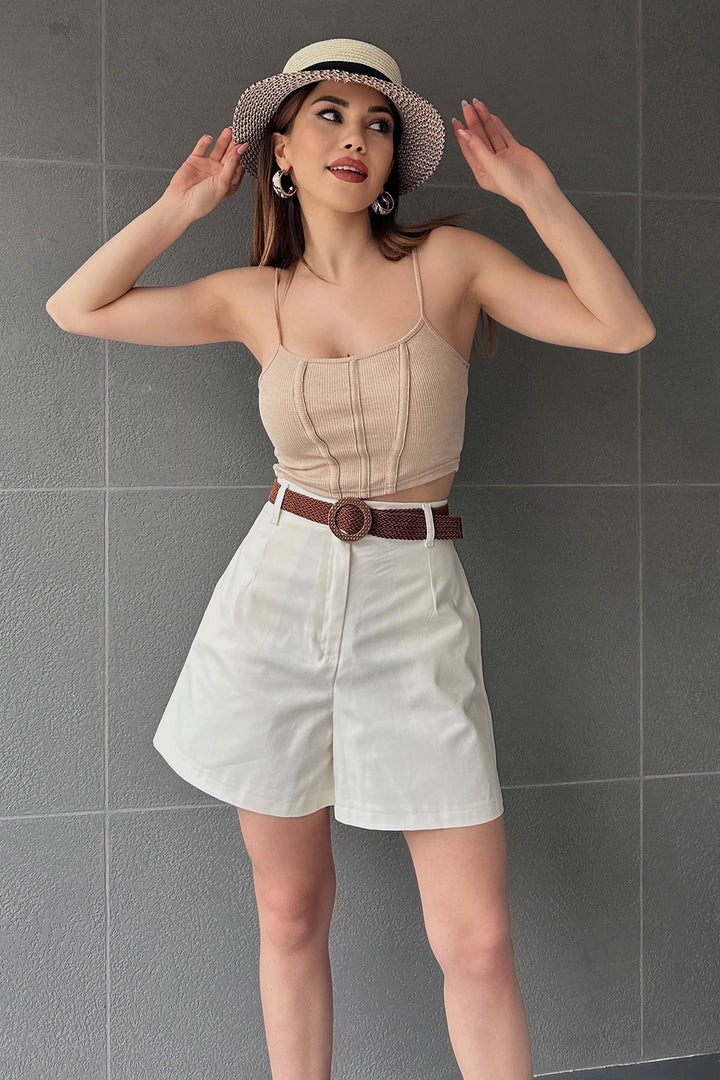 Ecru High Waisted Wide Leg Mom Shorts BCDF-233305 - Villepinte