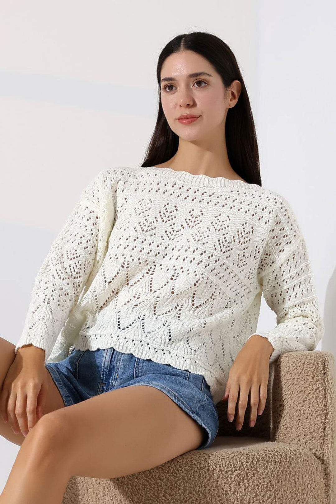 Ecru Bicycle Neck Lace Motif Knit Sweater BCES-252043 - Braine-l’Alleud