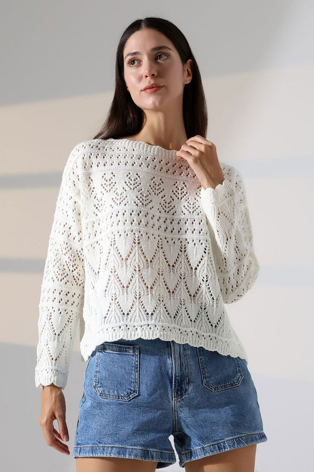 Ecru Bicycle Neck Lace Motif Knit Sweater BCES-252043 - Braine-l’Alleud