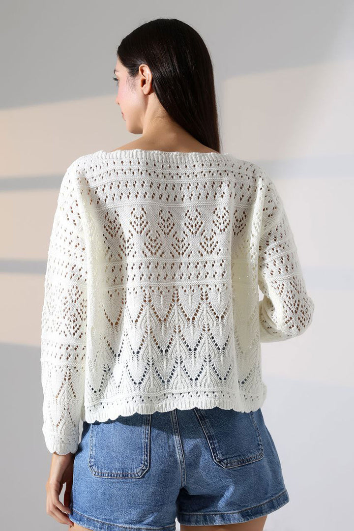 Ecru Bicycle Neck Lace Motif Knit Sweater BCES-252043 - Braine-l’Alleud