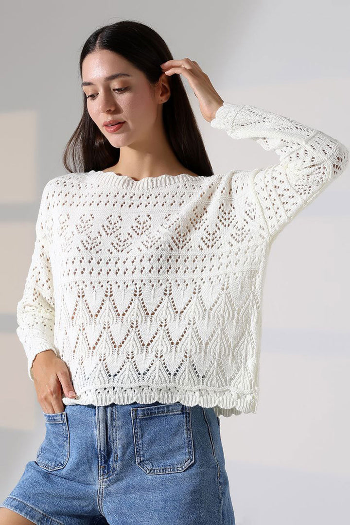Ecru Bicycle Neck Lace Motif Knit Sweater BCES-252043 - Braine-l’Alleud