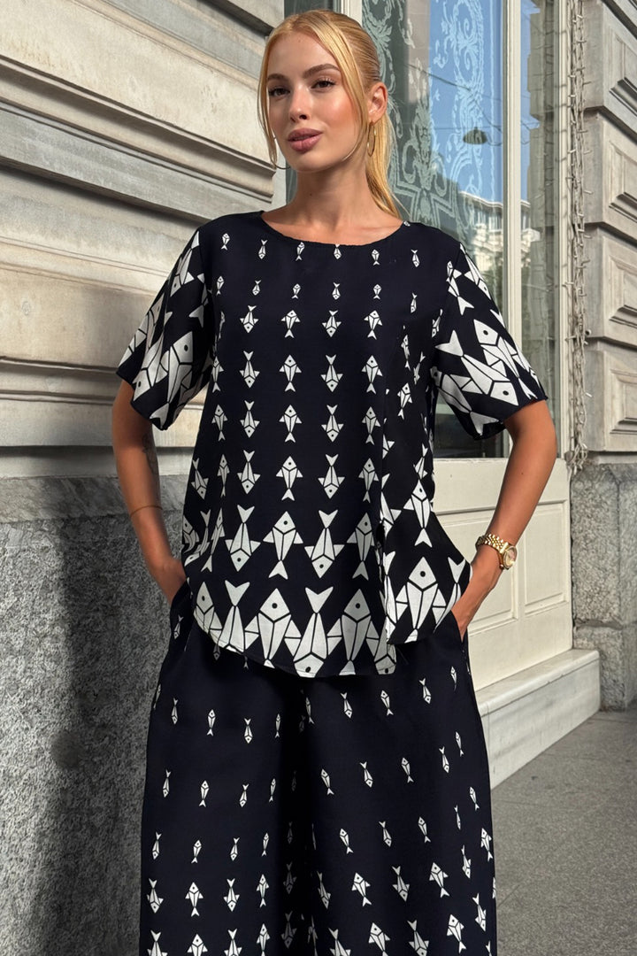 Ecru Bicycle Collar Patterned Blouse and Pants Set BCVL-254002 - Maricopa
